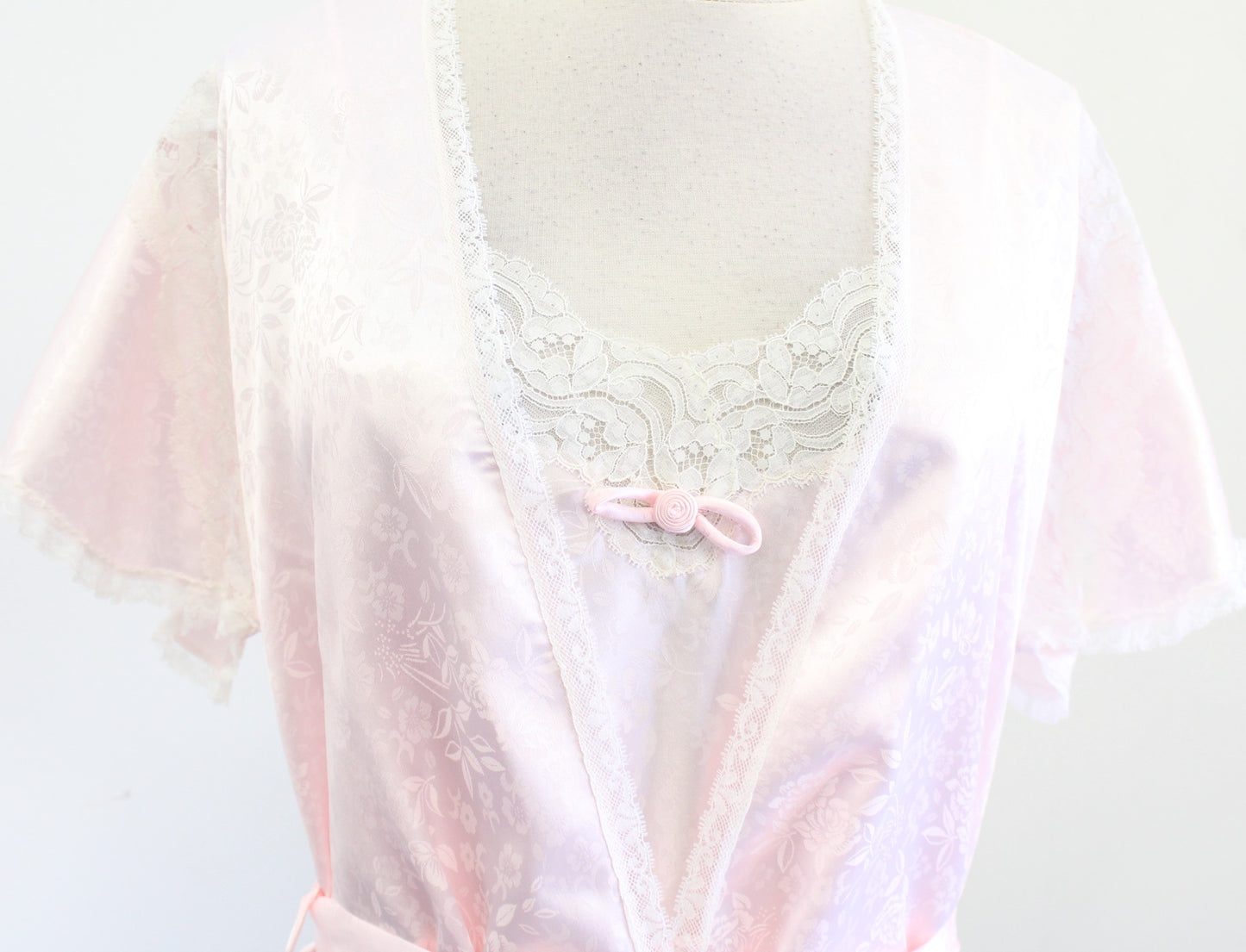 Vtg Christian Dior Pink Floral Lace Mini Slip Sleep Dress & Robe Set Size P , XS