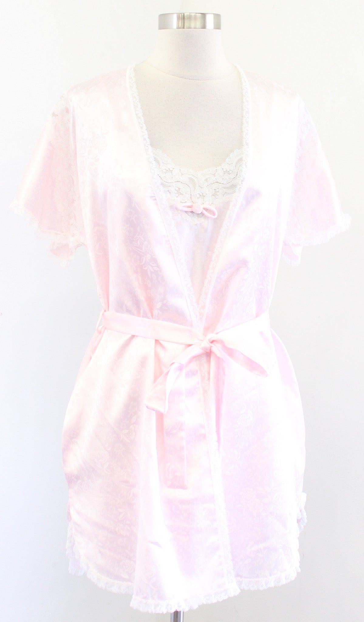 Vtg Christian Dior Pink Floral Lace Mini Slip Sleep Dress & Robe Set Size P , XS