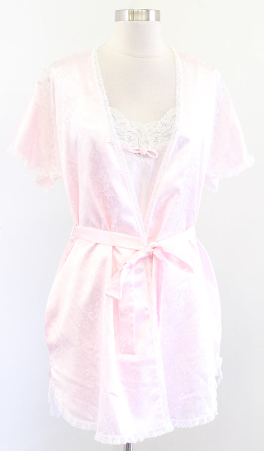 Vtg Christian Dior Pink Floral Lace Mini Slip Sleep Dress & Robe Set Size P , XS
