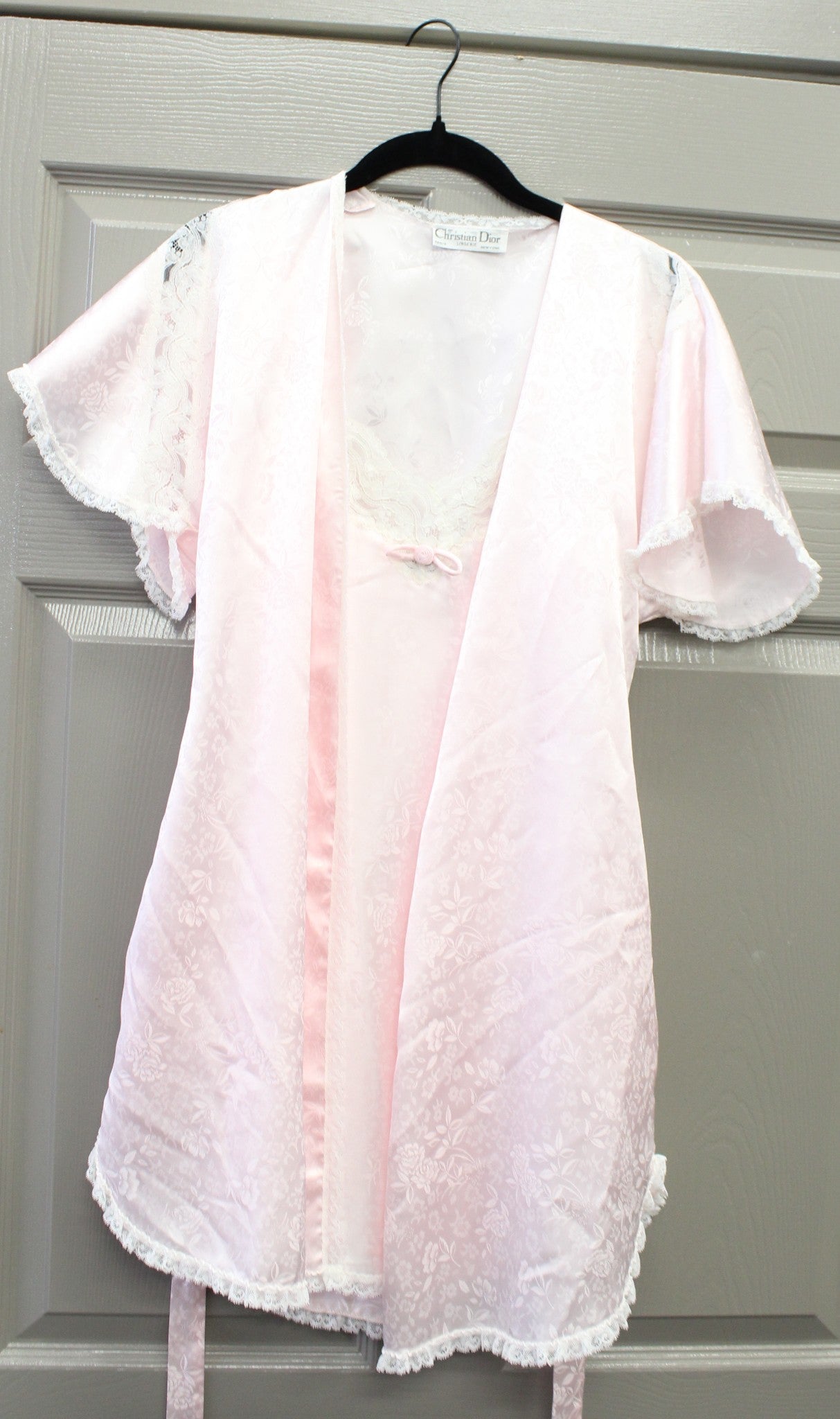 Vtg Christian Dior Pink Floral Lace Mini Slip Sleep Dress & Robe Set Size P , XS