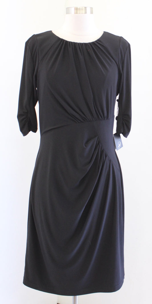 NWT Adrianna Papell Solid Black Jersey Knit Ruched Sheath Dress Size 8 Career