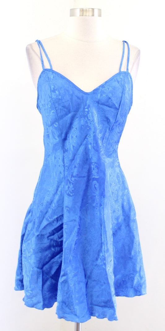 Vtg Victorias Secret Gold Label Blue Floral Embossed A Line Slip Dress Size M