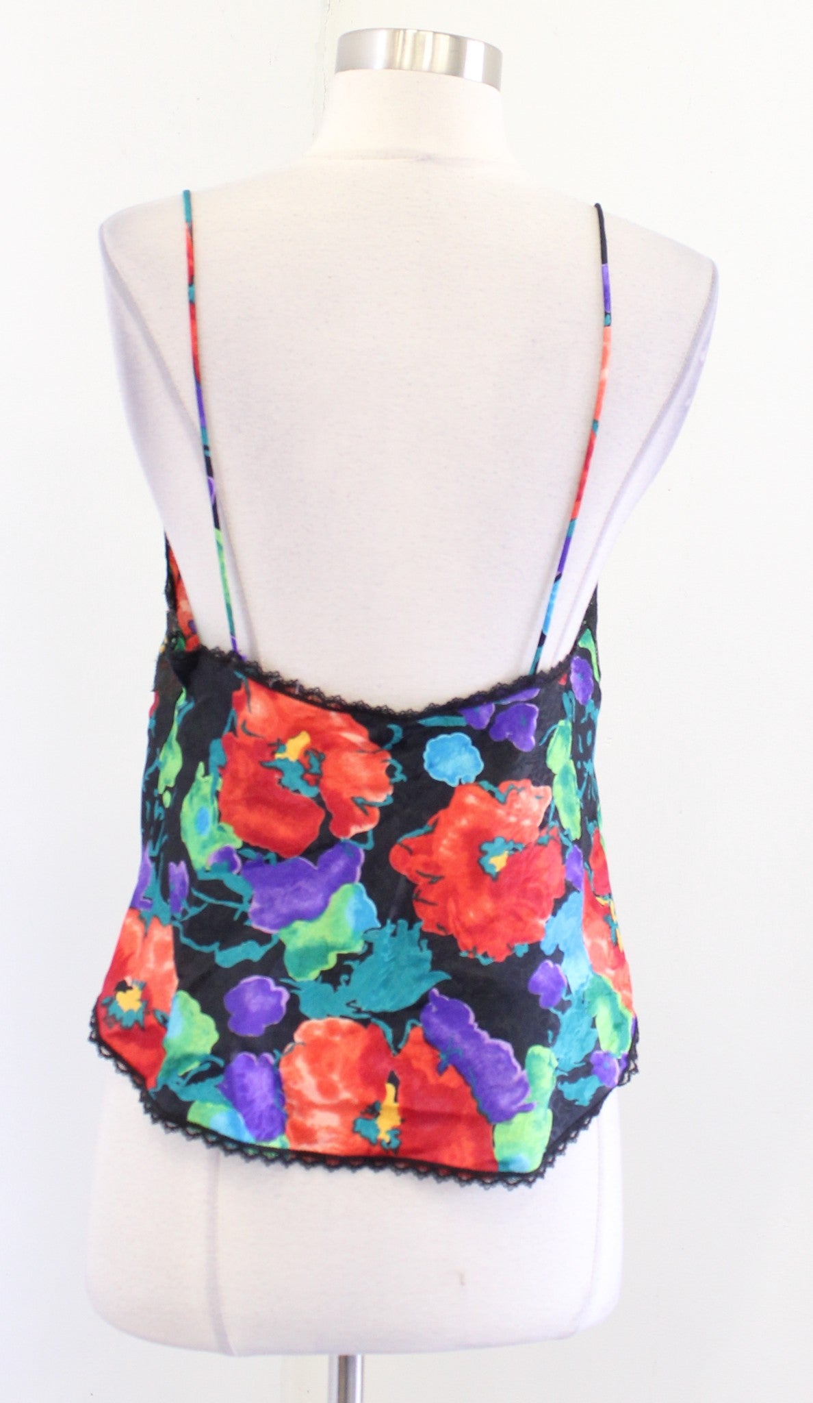 Vtg Indulgence Black Colorful Floral Lace Camisole Tank Top Blouse Size 34 XS S