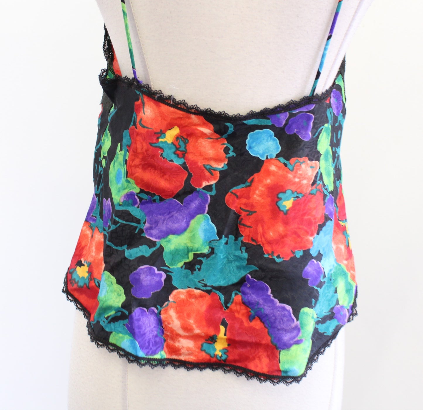 Vtg Indulgence Black Colorful Floral Lace Camisole Tank Top Blouse Size 34 XS S