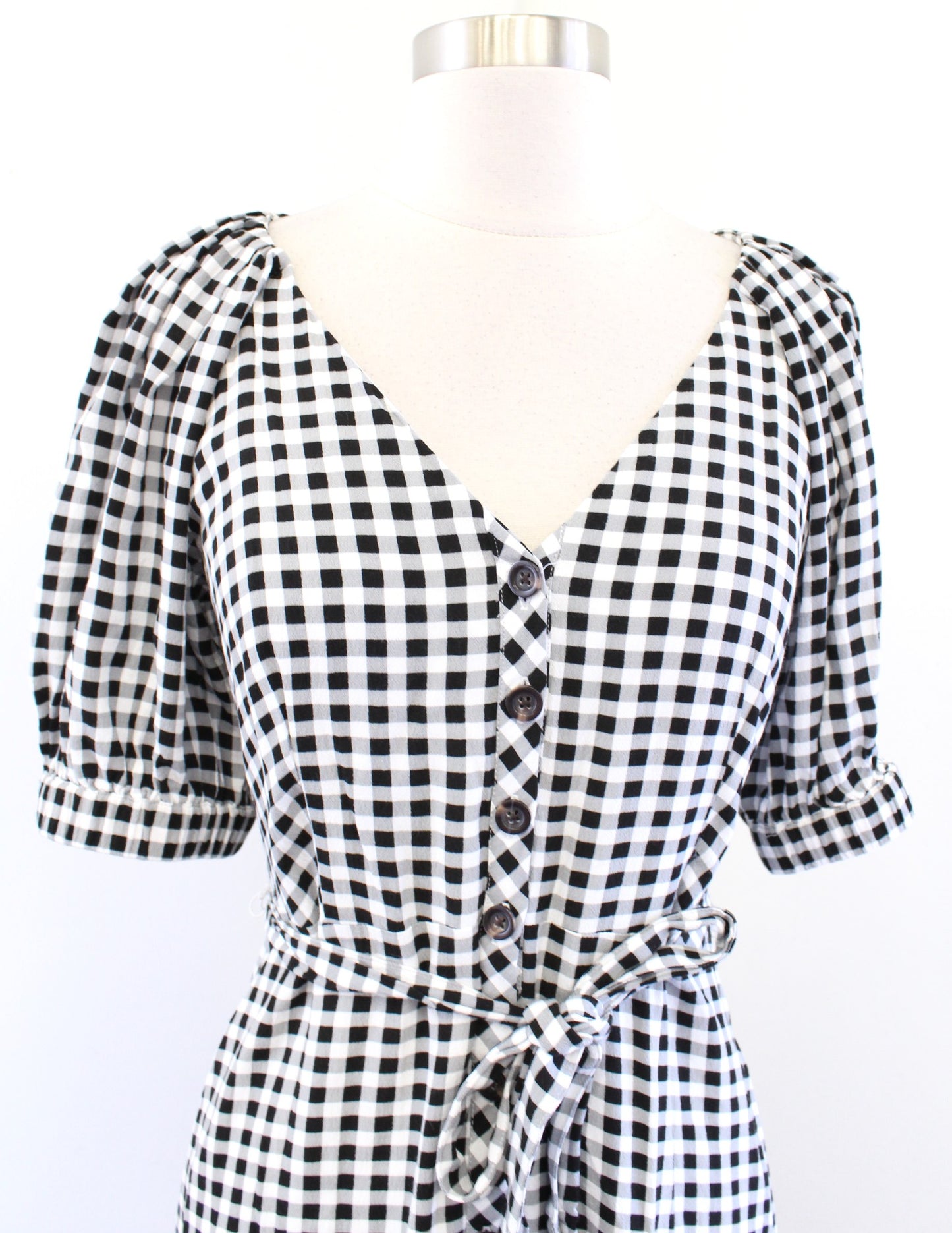 Ann Taylor Black White Gray Gingham Plaid Tie Waist Button Front Shirt Dress 2