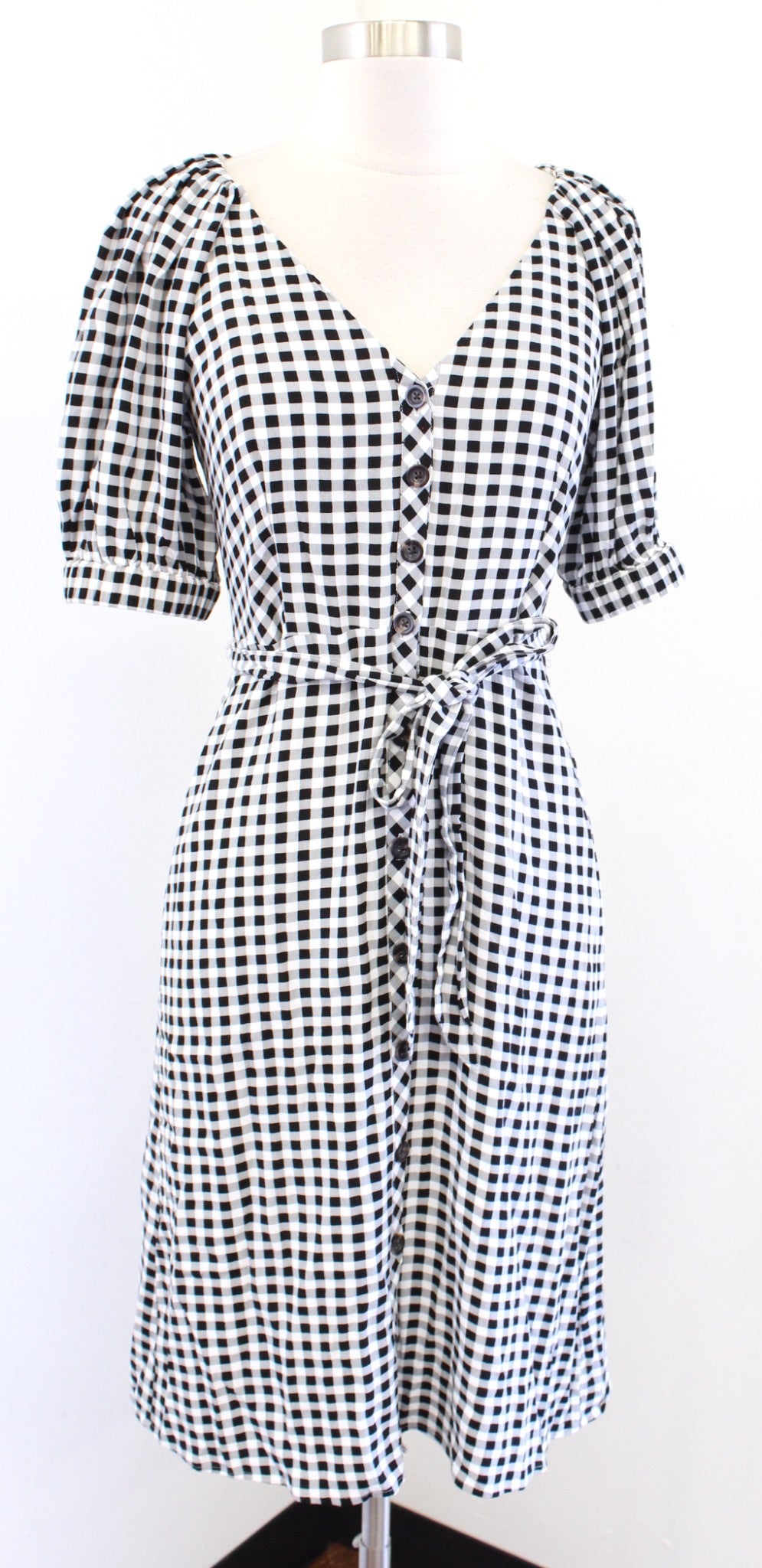 Ann Taylor Black White Gray Gingham Plaid Tie Waist Button Front Shirt Dress 2