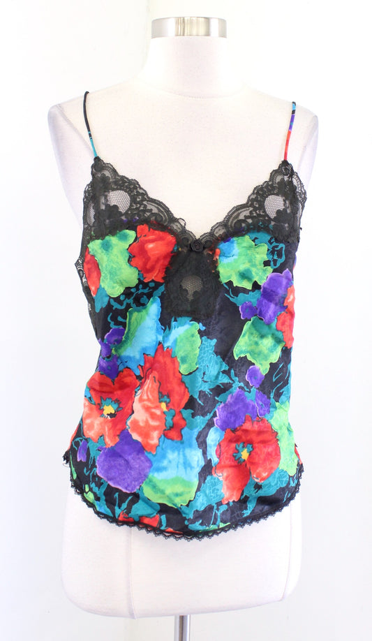 Vtg Indulgence Black Colorful Floral Lace Camisole Tank Top Blouse Size 34 XS S