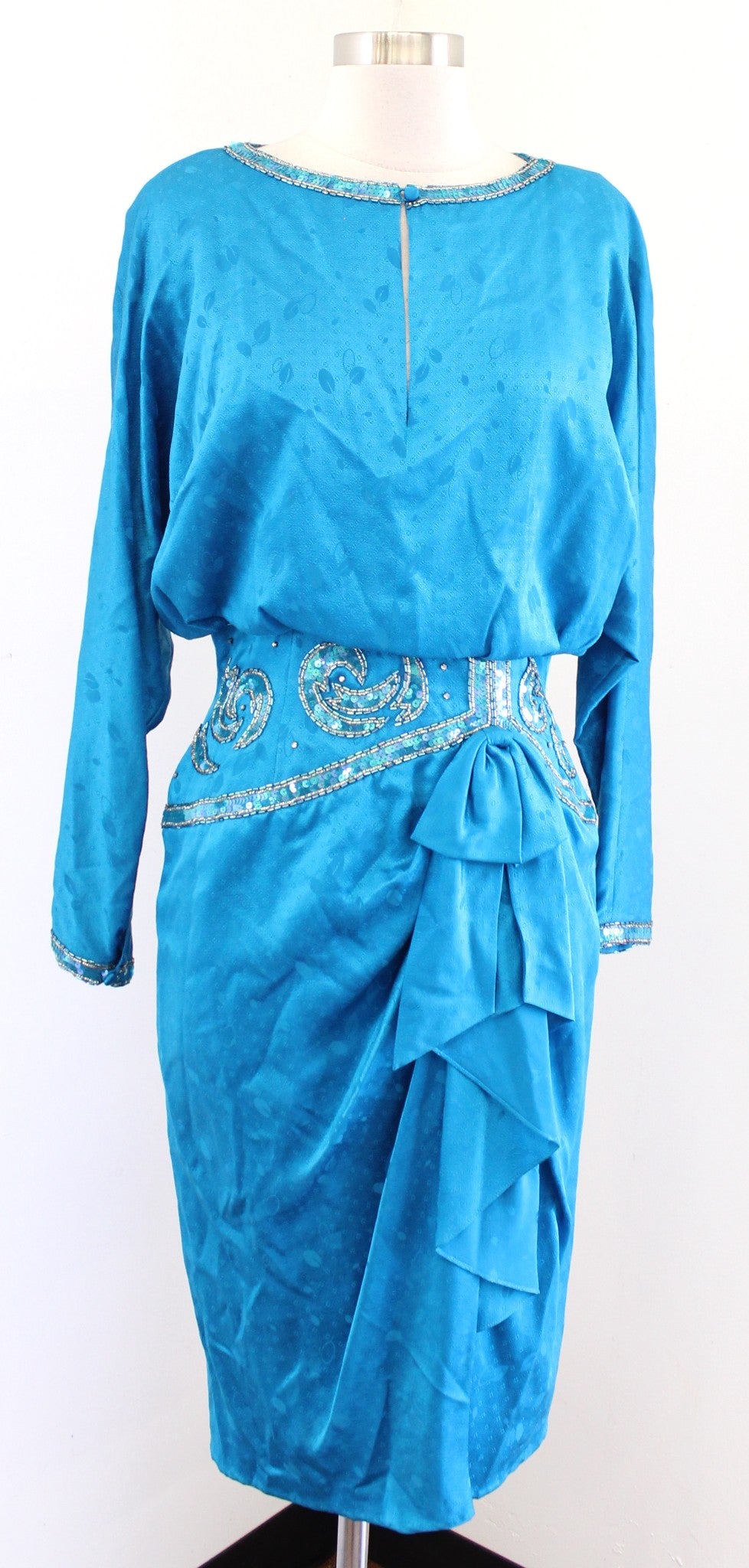 Vtg 80s Teal Blue Silk Beaded Embellished Ruffle Blouson Dress Size 8 Cocktail