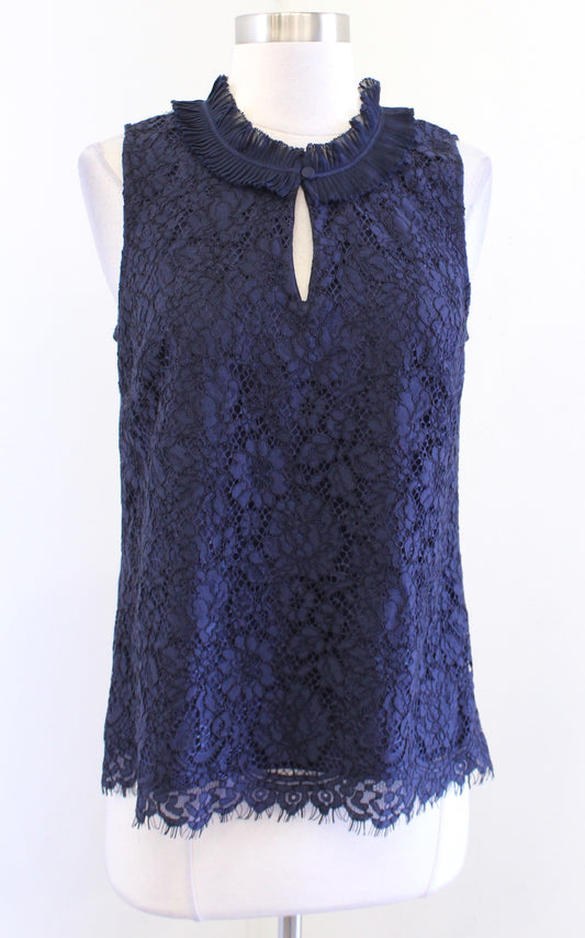 NWT J Crew Navy Blue Ruffle Neck Scalloped Lace Tank Top Blouse Size S Keyhole