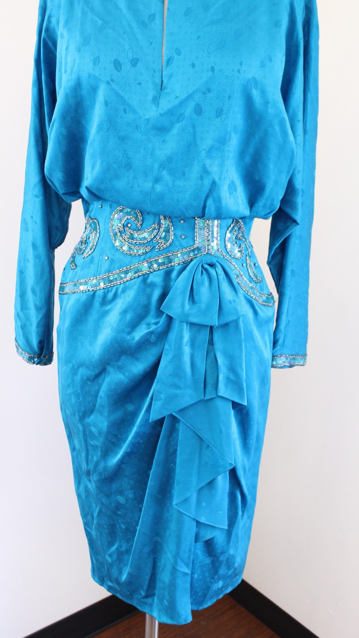 Vtg 80s Teal Blue Silk Beaded Embellished Ruffle Blouson Dress Size 8 Cocktail