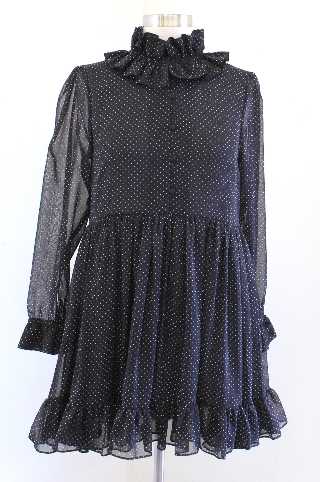 Zara Black White Polka Dot Ruffle Neck Pleated Mini Dress Babydoll Size XS