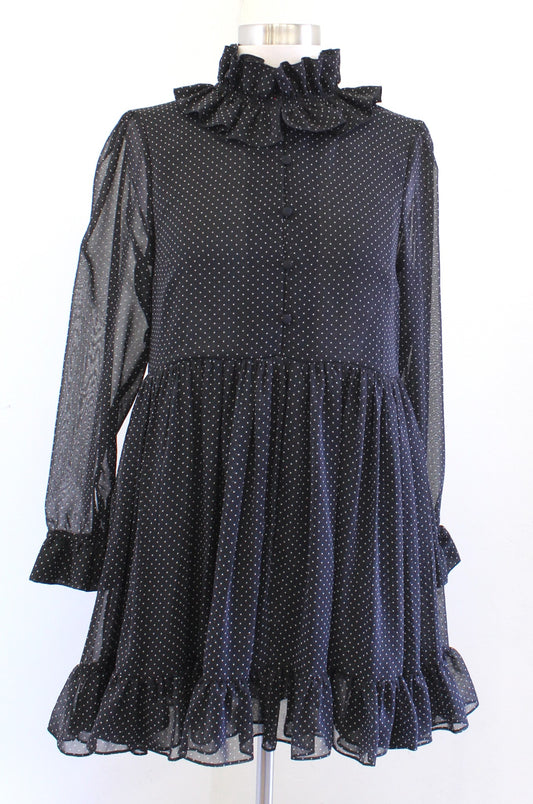Zara Black White Polka Dot Ruffle Neck Pleated Mini Dress Babydoll Size XS