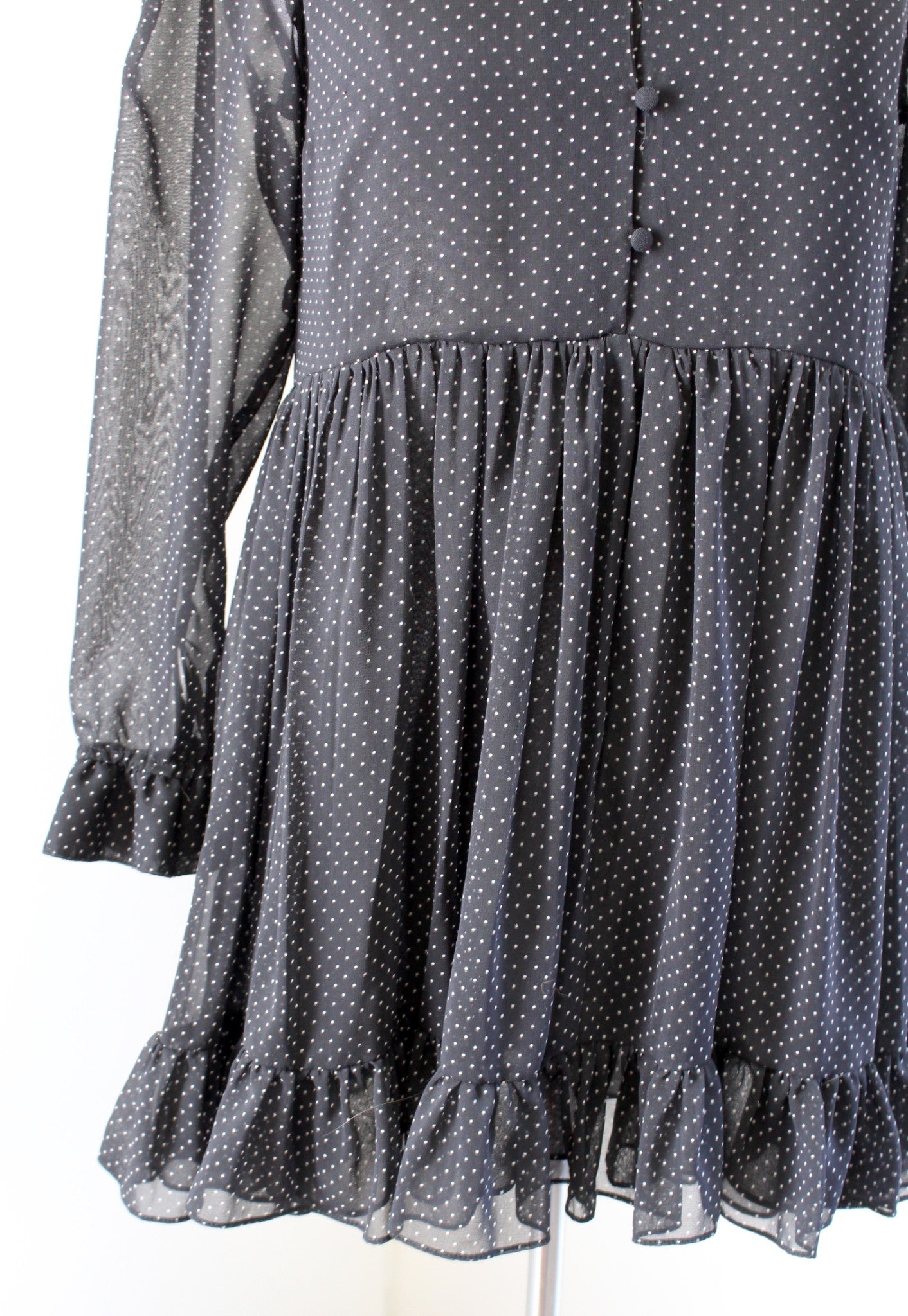 Zara Black White Polka Dot Ruffle Neck Pleated Mini Dress Babydoll Size XS