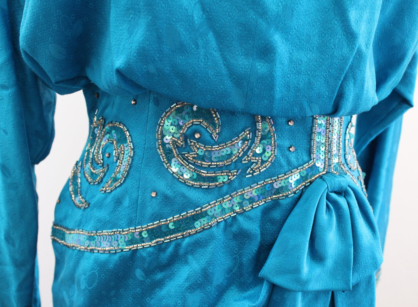 Vtg 80s Teal Blue Silk Beaded Embellished Ruffle Blouson Dress Size 8 Cocktail