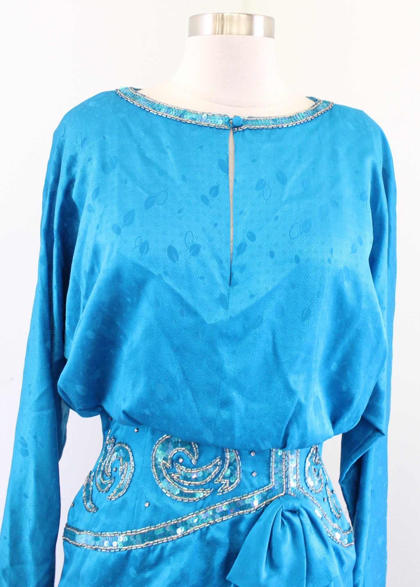 Vtg 80s Teal Blue Silk Beaded Embellished Ruffle Blouson Dress Size 8 Cocktail