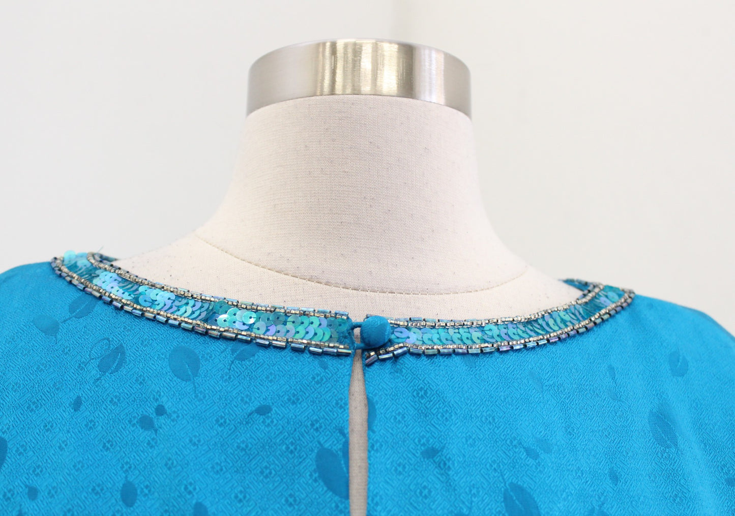 Vtg 80s Teal Blue Silk Beaded Embellished Ruffle Blouson Dress Size 8 Cocktail