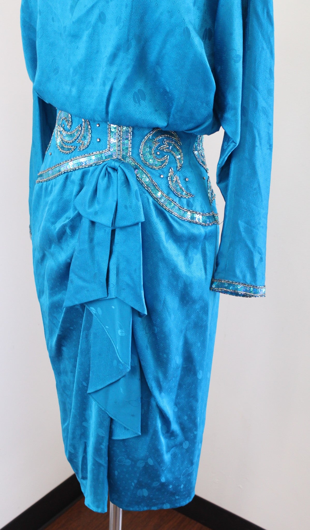 Vtg 80s Teal Blue Silk Beaded Embellished Ruffle Blouson Dress Size 8 Cocktail