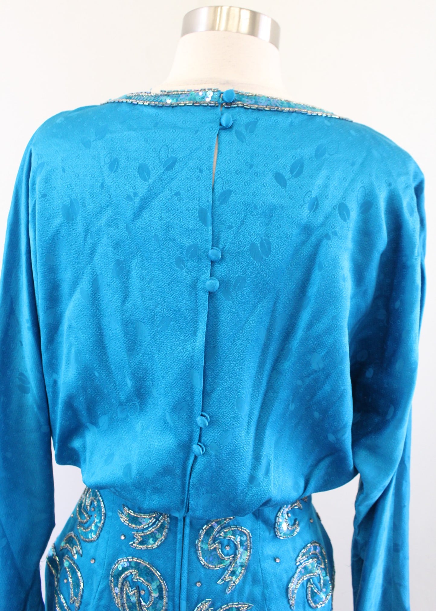 Vtg 80s Teal Blue Silk Beaded Embellished Ruffle Blouson Dress Size 8 Cocktail