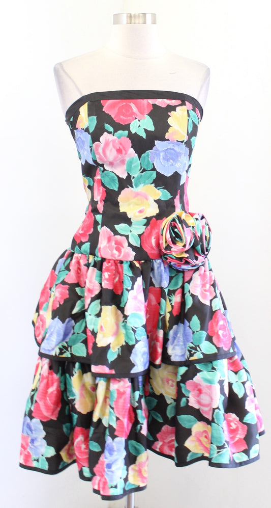 Vtg 80s Black Colorful Floral Strapless Fit and Flare Ruffle Party Prom Dress S