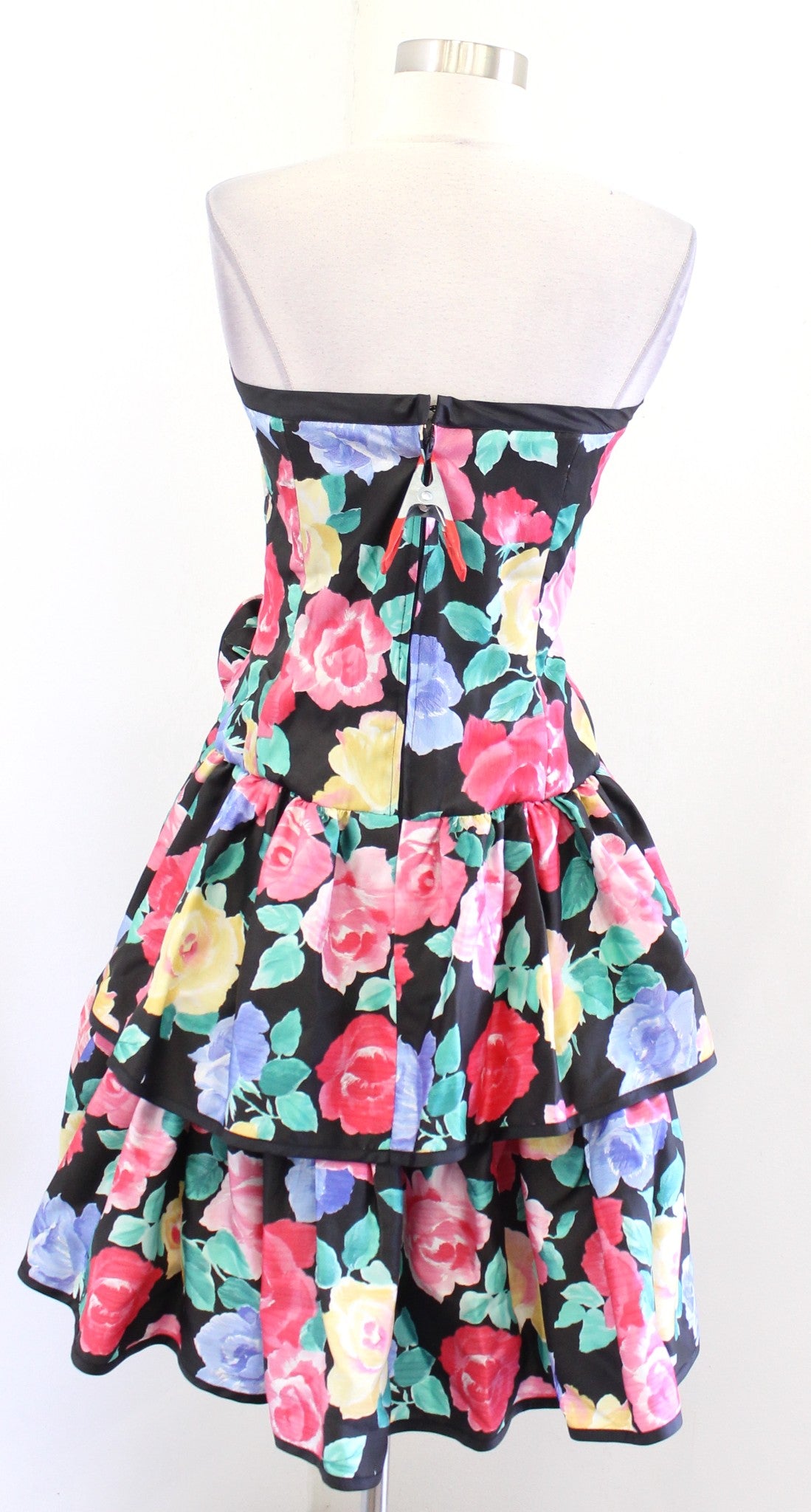 Vtg 80s Black Colorful Floral Strapless Fit and Flare Ruffle Party Prom Dress S