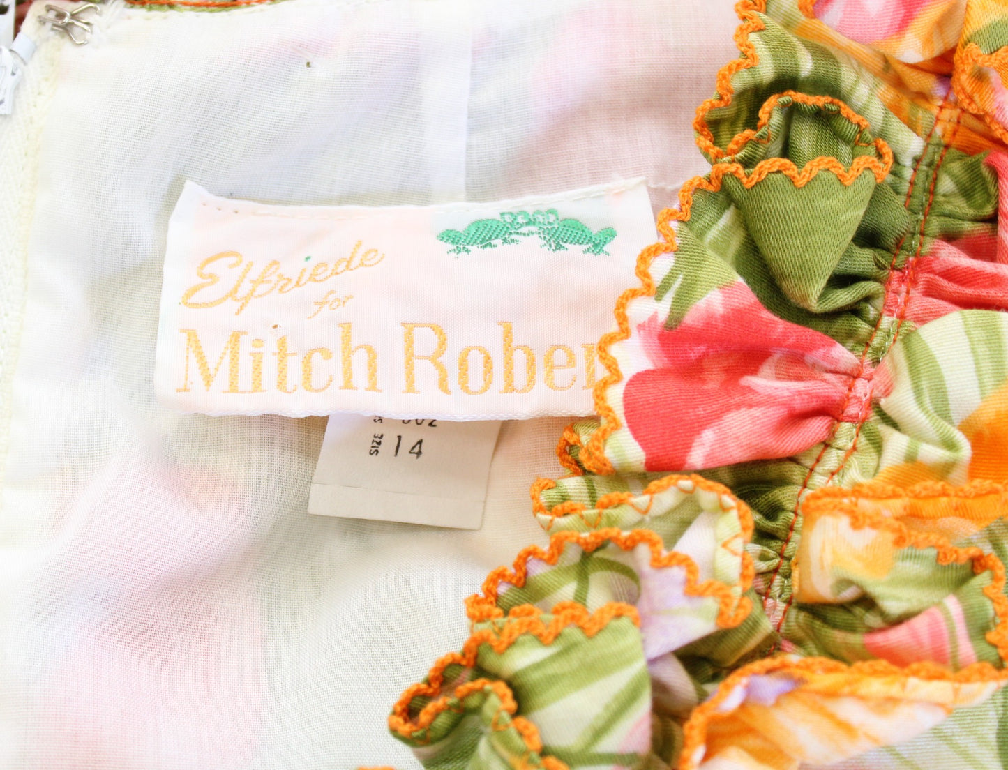 Vtg 60s Mitch Roberts Floral Print Ruffle Neck Maxi Dress Size 14 / S ? Green