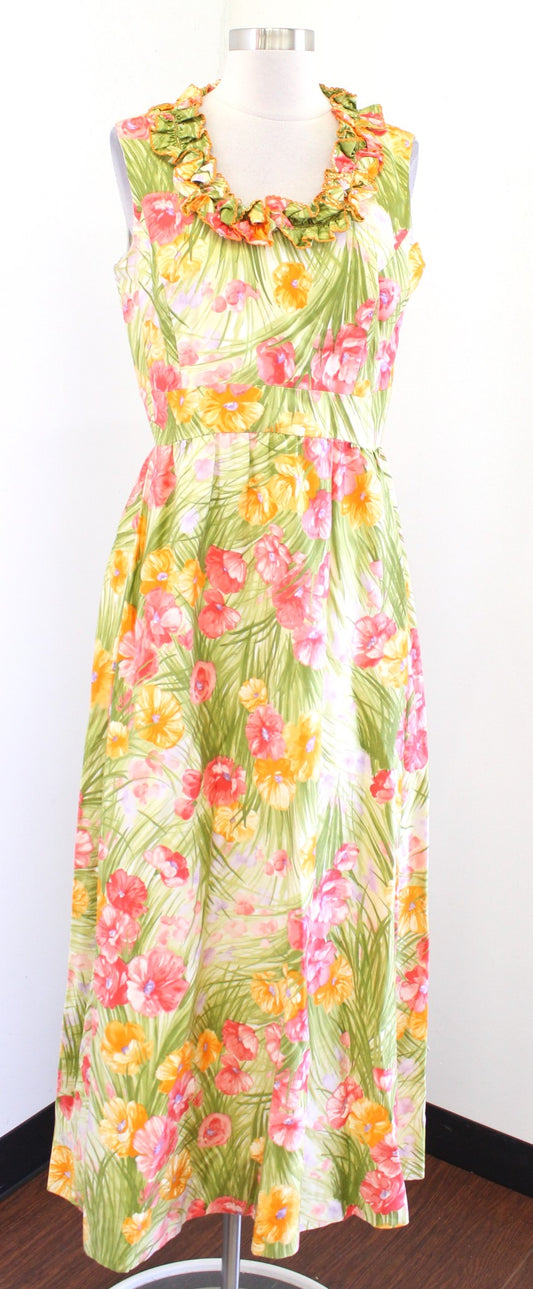 Vtg 60s Mitch Roberts Floral Print Ruffle Neck Maxi Dress Size 14 / S ? Green
