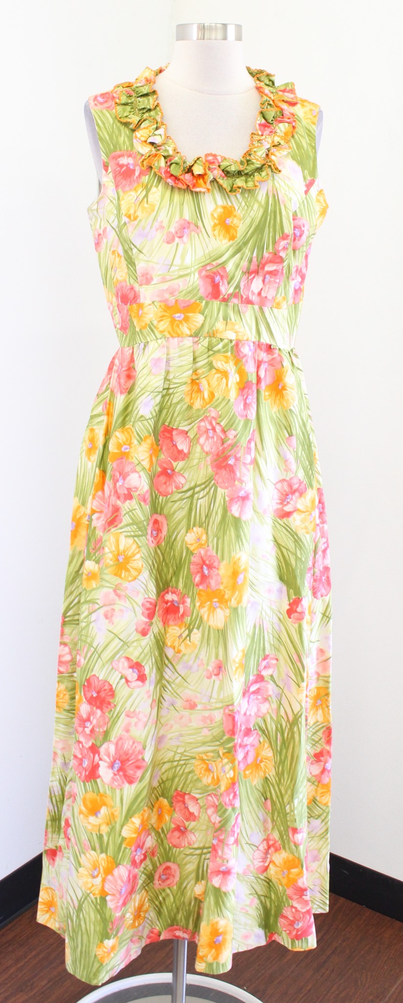 Vtg 60s Mitch Roberts Floral Print Ruffle Neck Maxi Dress Size 14 / S ? Green