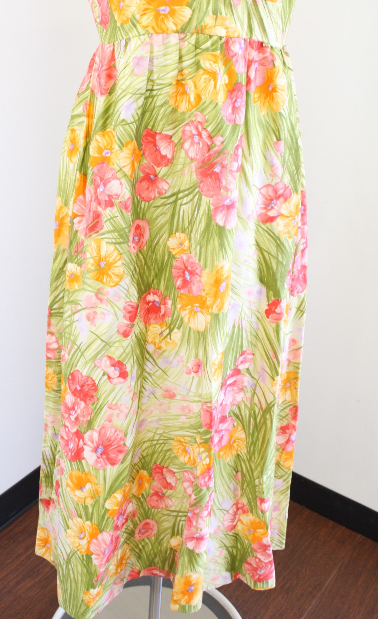Vtg 60s Mitch Roberts Floral Print Ruffle Neck Maxi Dress Size 14 / S ? Green