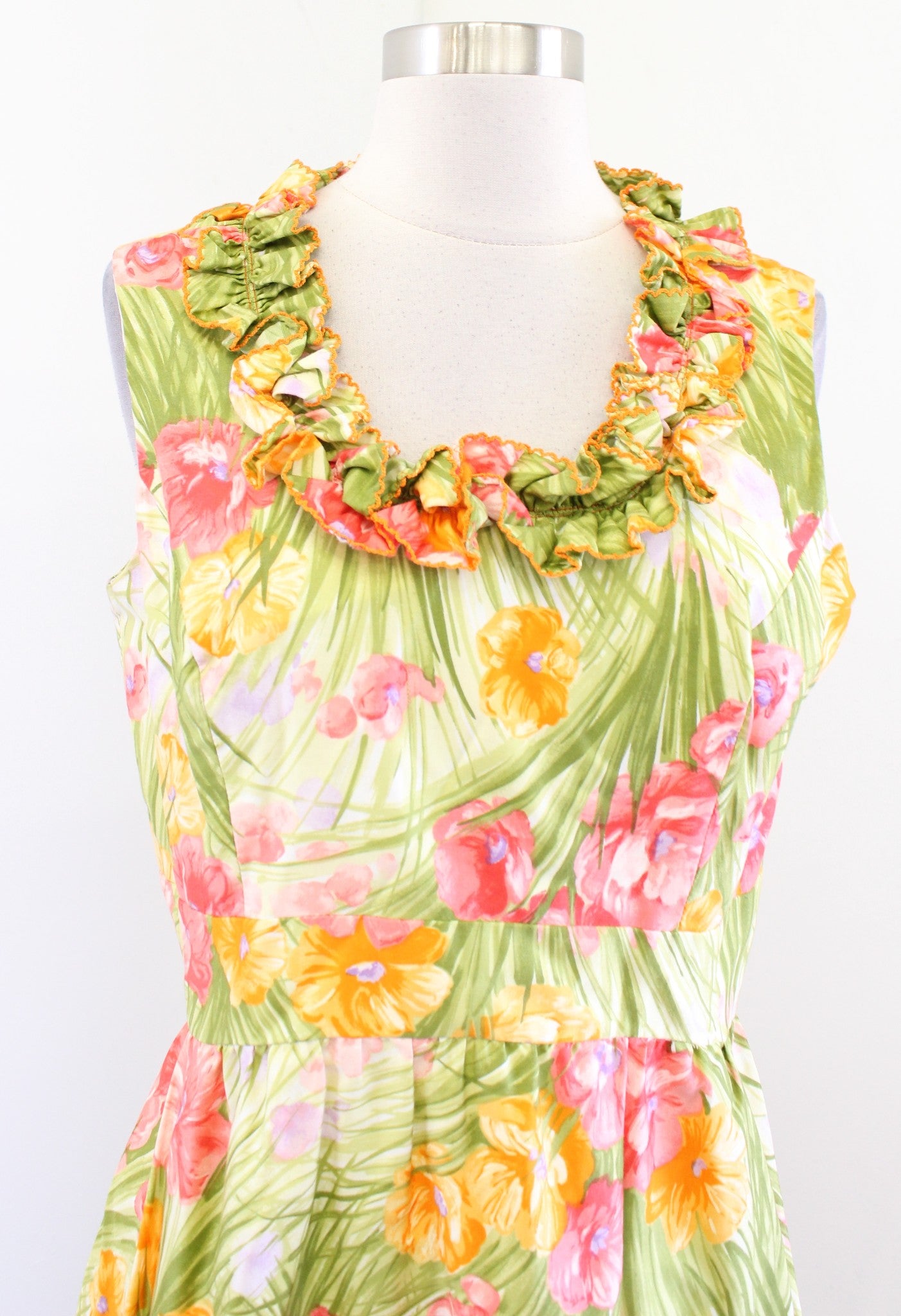 Vtg 60s Mitch Roberts Floral Print Ruffle Neck Maxi Dress Size 14 / S ? Green