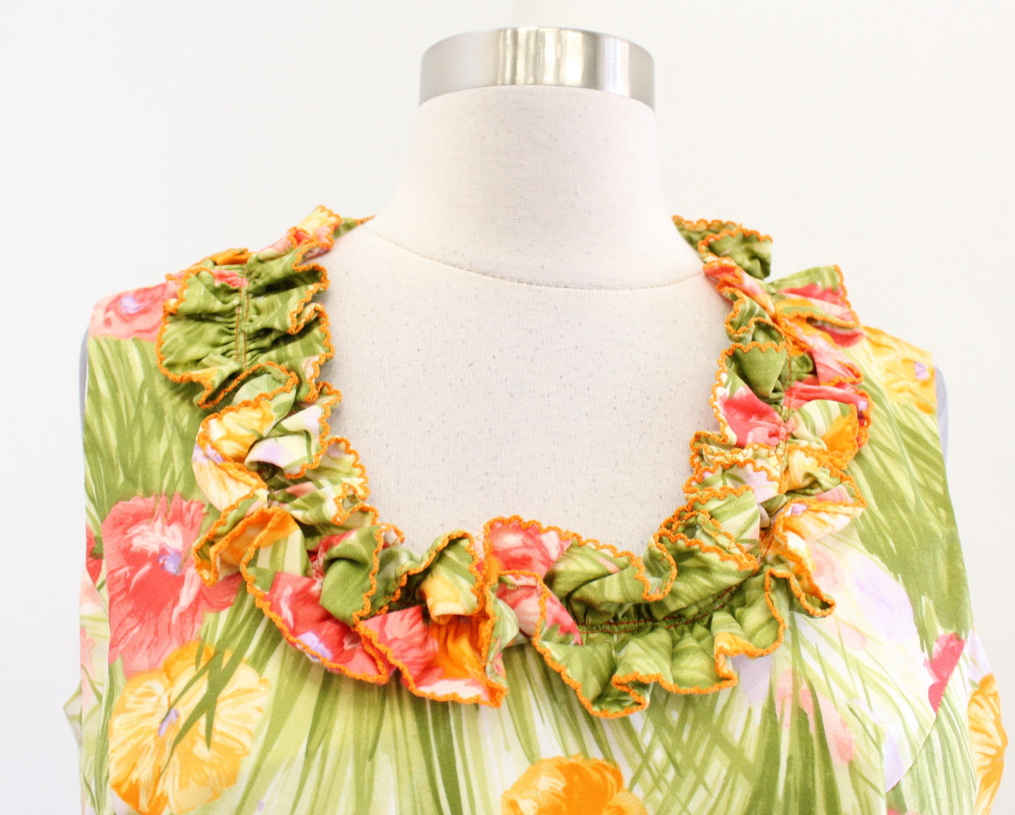 Vtg 60s Mitch Roberts Floral Print Ruffle Neck Maxi Dress Size 14 / S ? Green