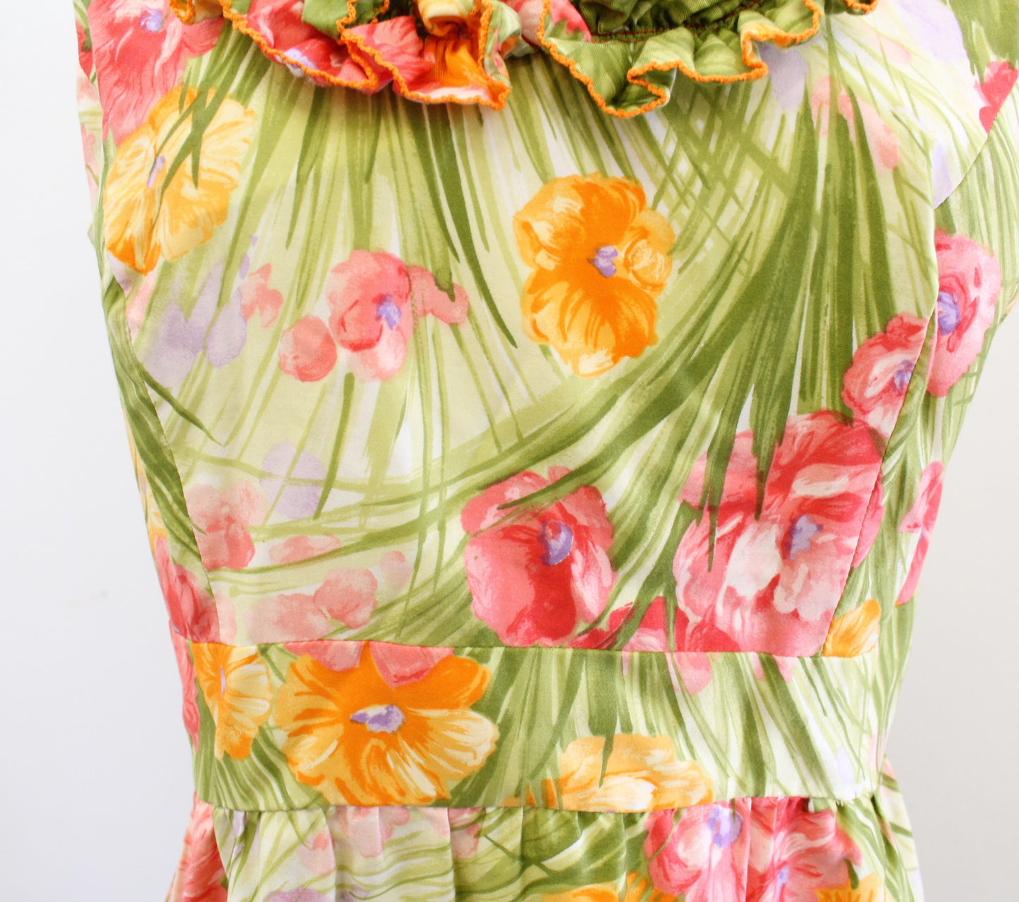 Vtg 60s Mitch Roberts Floral Print Ruffle Neck Maxi Dress Size 14 / S ? Green