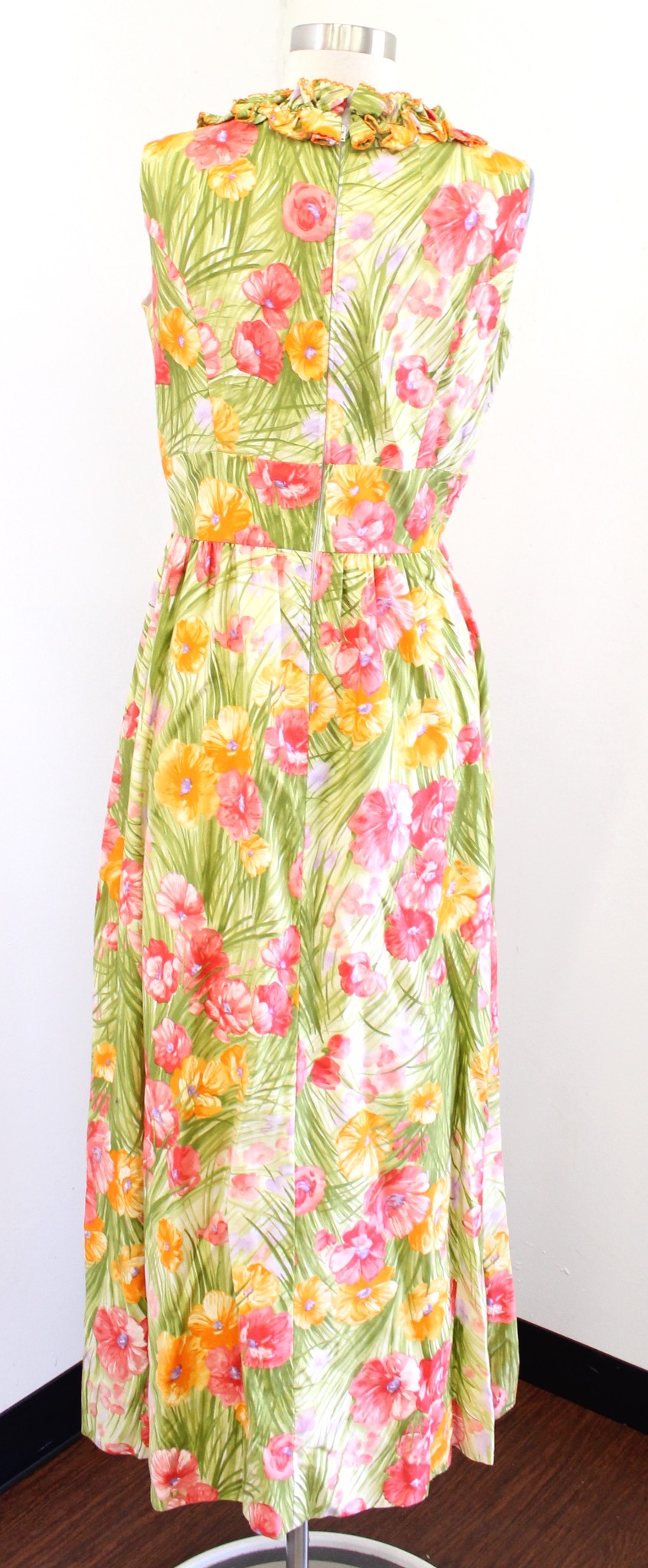 Vtg 60s Mitch Roberts Floral Print Ruffle Neck Maxi Dress Size 14 / S ? Green