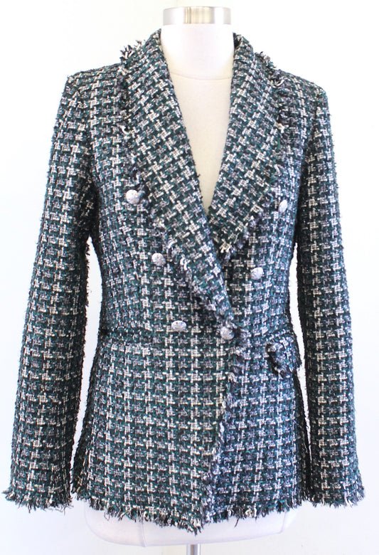 Rachel Zoe Green Metallic Tweed Fringe Double Breasted Blazer Jacket Size S