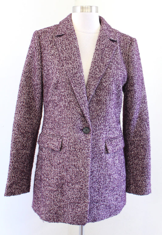 Ann Taylor Loft Burgundy Herringbone Tweed Longline Blazer Jacket Size 6 Wool
