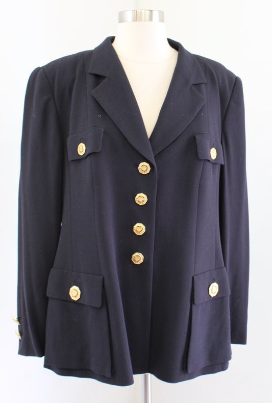 Vtg Rena Lange Bergdorf Goodman Dark Navy Blue Wool Blazer Jacket Size 44