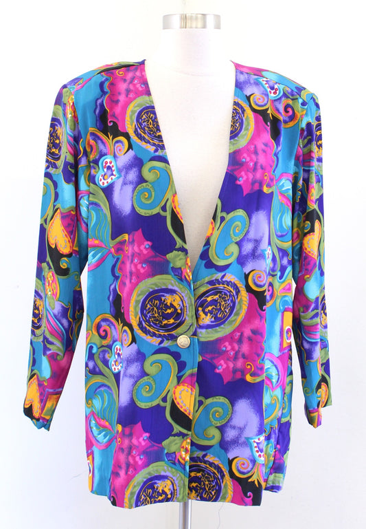 Vtg 90s Womens Colorful Abstract Paisley Heart Print Blazer Jacket Size S Retro