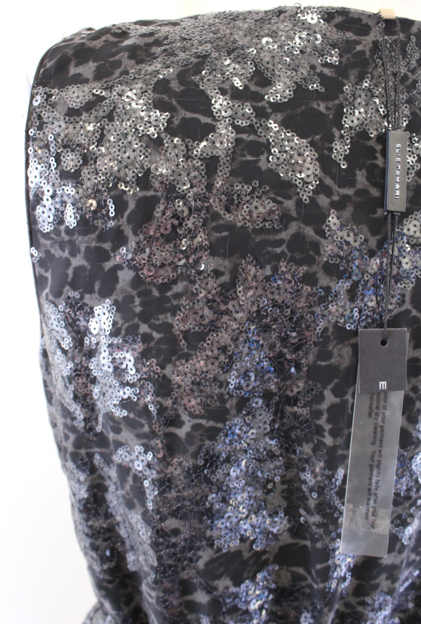 NWT Elie Tahari Cheetah Print Sequin Side Tie V Neck Sheath Dress Size 8 Gray