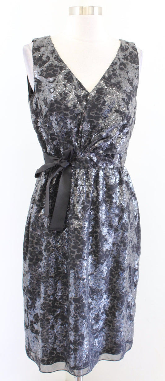 NWT Elie Tahari Cheetah Print Sequin Side Tie V Neck Sheath Dress Size 8 Gray