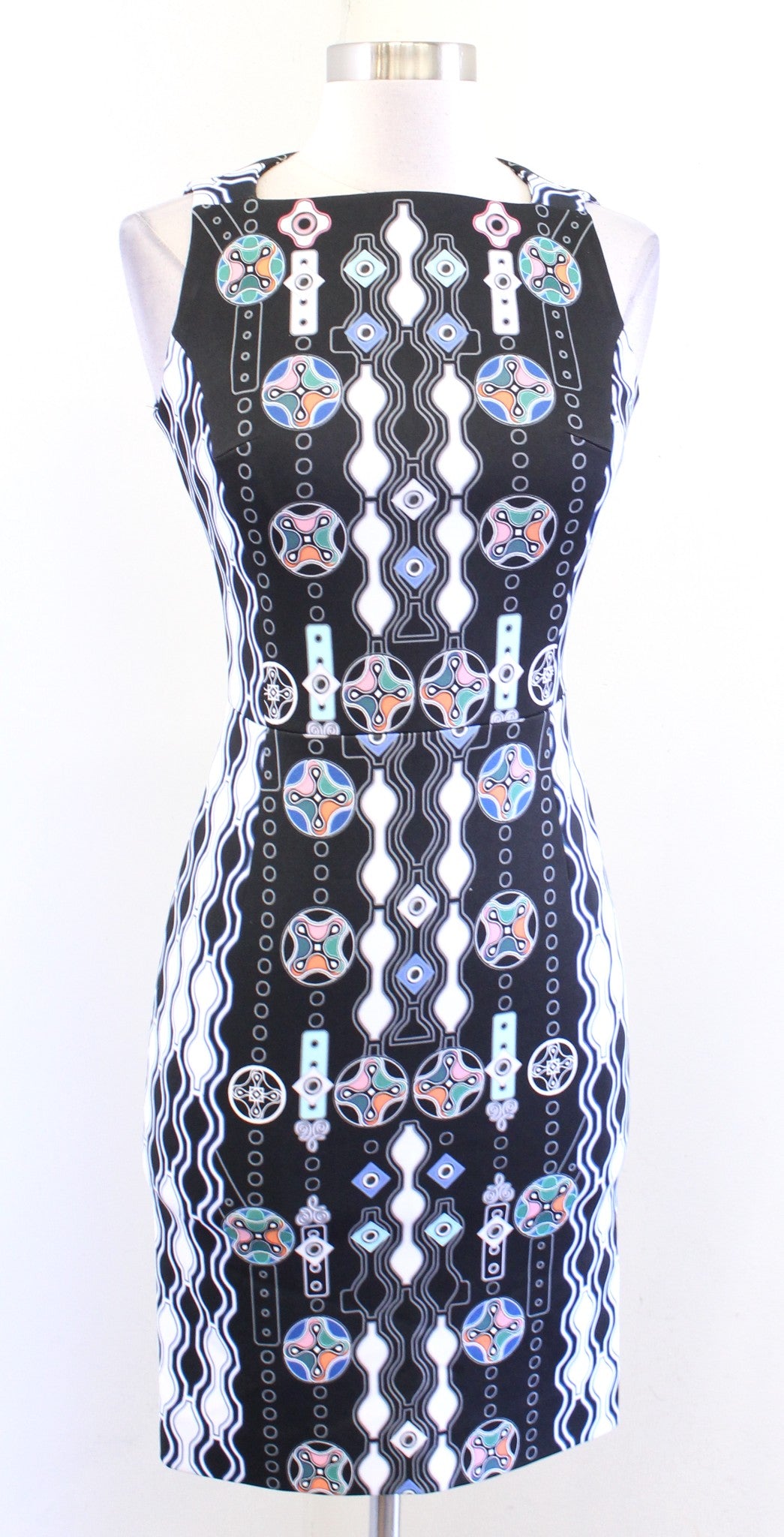 Peter Pilotto Black Multi Color Geometric Print Sheath Dress Size UK 8 US 4