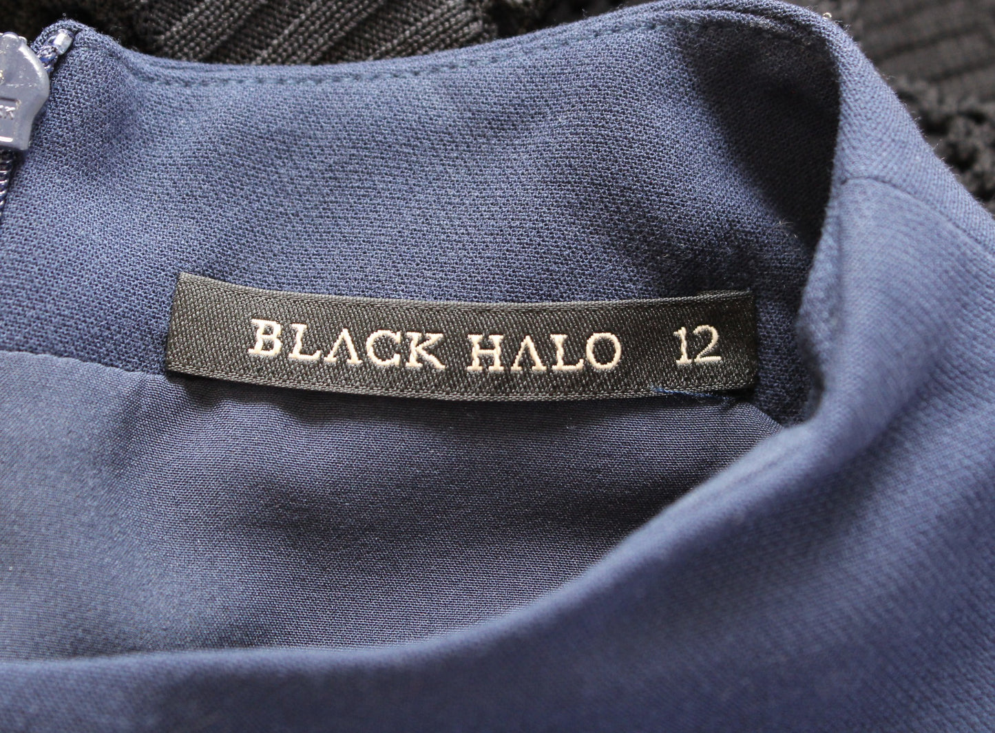 Black Halo Pabla Navy Blue Asymmetric Ruffle Mock Neck Sheath Dress Sz 12 Career