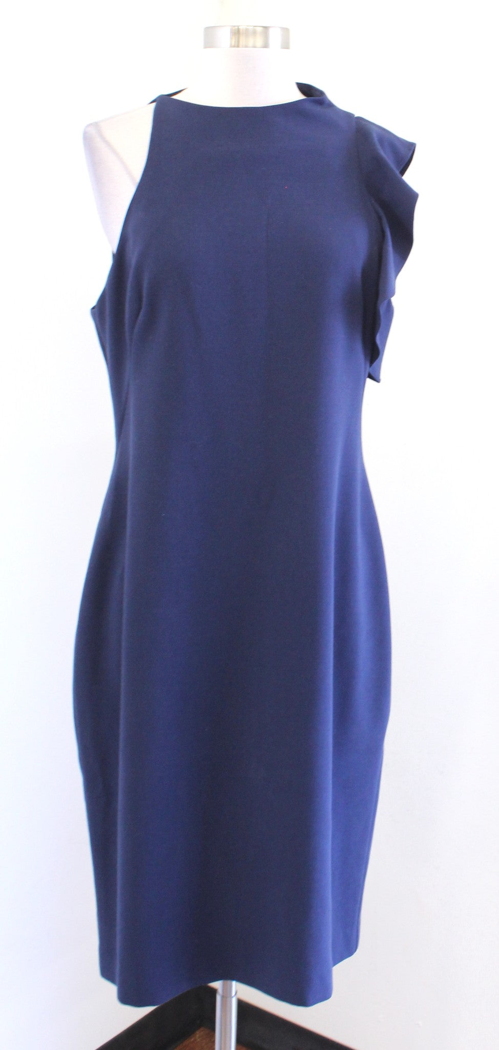 Black Halo Pabla Navy Blue Asymmetric Ruffle Mock Neck Sheath Dress Sz 12 Career