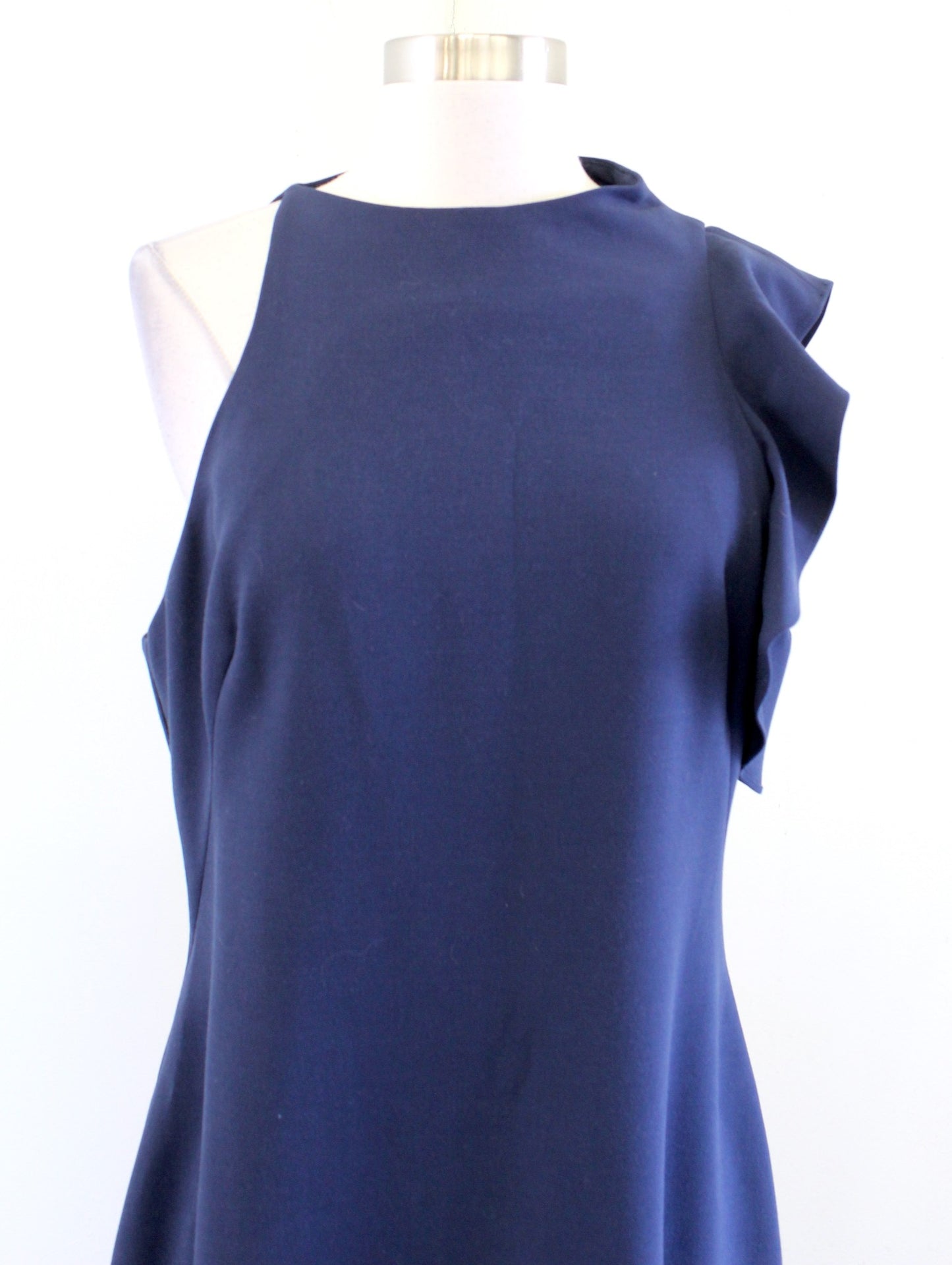 Black Halo Pabla Navy Blue Asymmetric Ruffle Mock Neck Sheath Dress Sz 12 Career