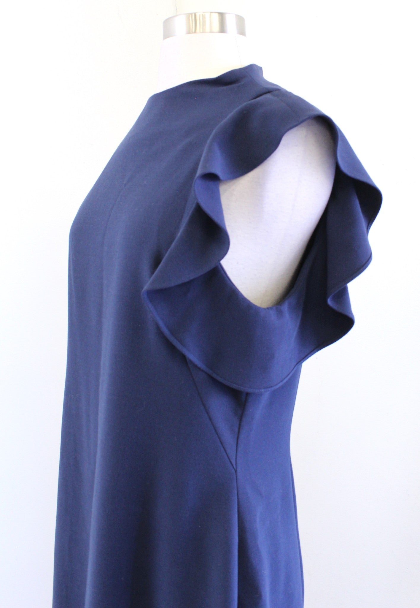 Black Halo Pabla Navy Blue Asymmetric Ruffle Mock Neck Sheath Dress Sz 12 Career