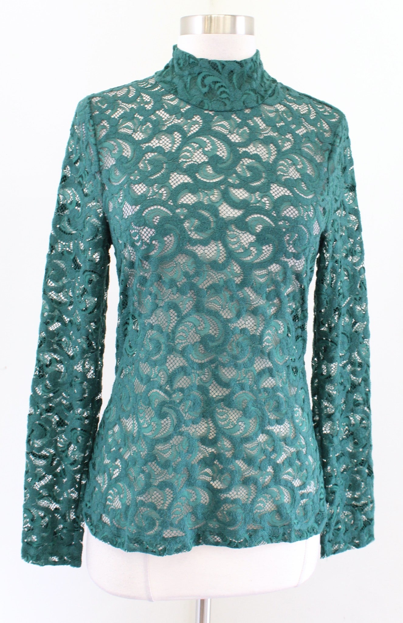 NWT White House Black Market Green Sheer Lace Turtleneck Top Blouse Size S Long Sleeve