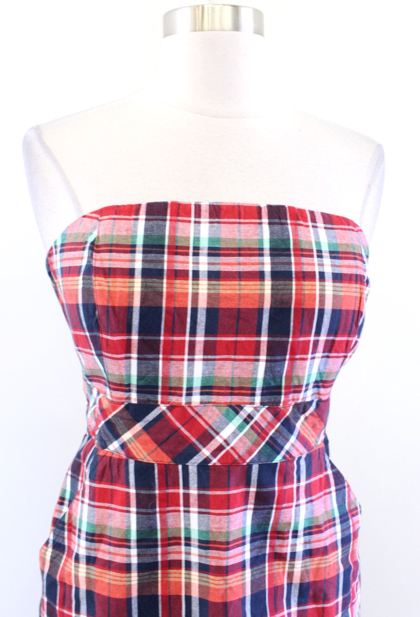 NWT Vineyard Vines Red Navy Blue Multi Color Madras Plaid Strapless Dress Size 4