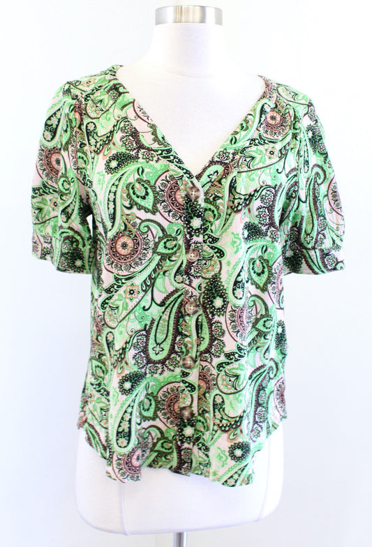 Maeve Anthropologie Blaise Green Paisley Print V Neck Button Front Top Blouse 6