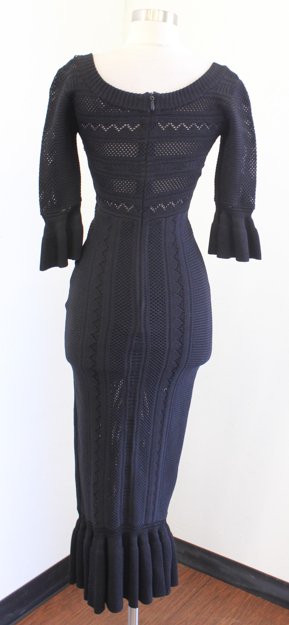 Alice McCall Black Eyelet Structured Knit Ruffle Bodycon Midi Dress Size 4