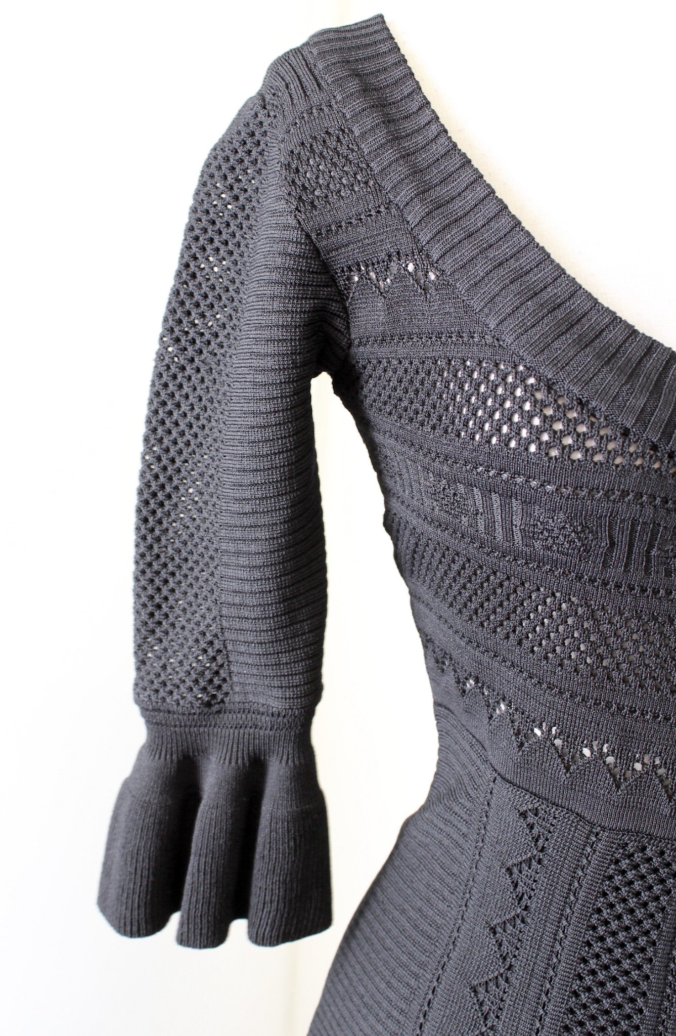 Alice McCall Black Eyelet Structured Knit Ruffle Bodycon Midi Dress Size 4