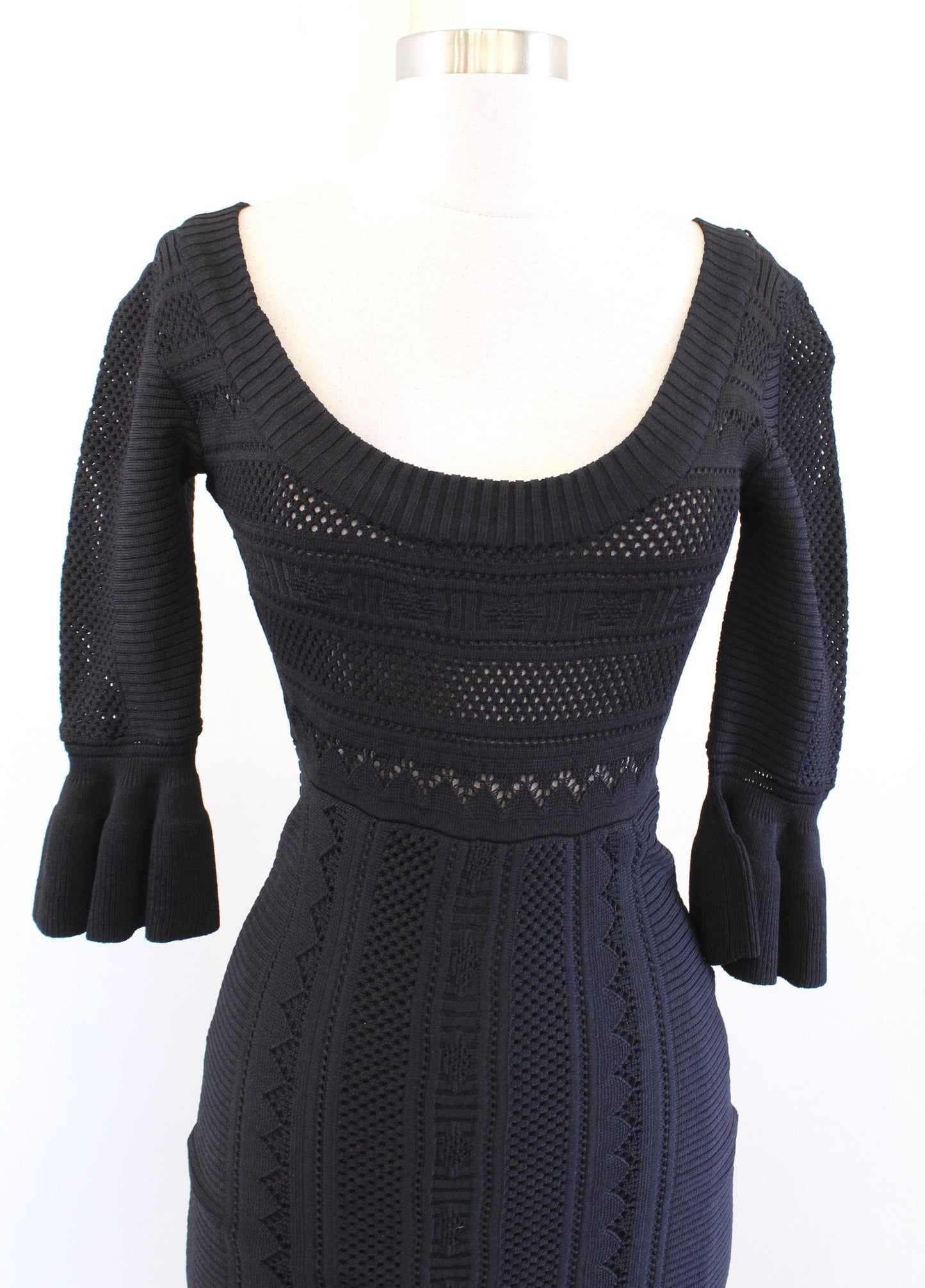 Alice McCall Black Eyelet Structured Knit Ruffle Bodycon Midi Dress Size 4