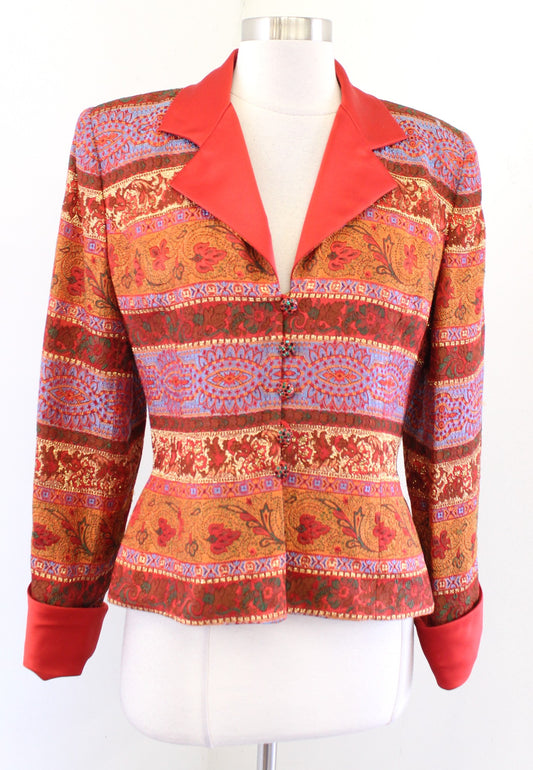 Vtg 80s Victor Costa Red Metallic Floral Stripe Evening Blazer Size 8 Brocade